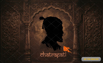 MAJESTIC MARATHA HERITAGE BACKDROP WITH CHHATRAPATI SILHOUETTE, SAFFRON FLAG, AND CARVED ARCHWAY - PRINTED BACKDROP
