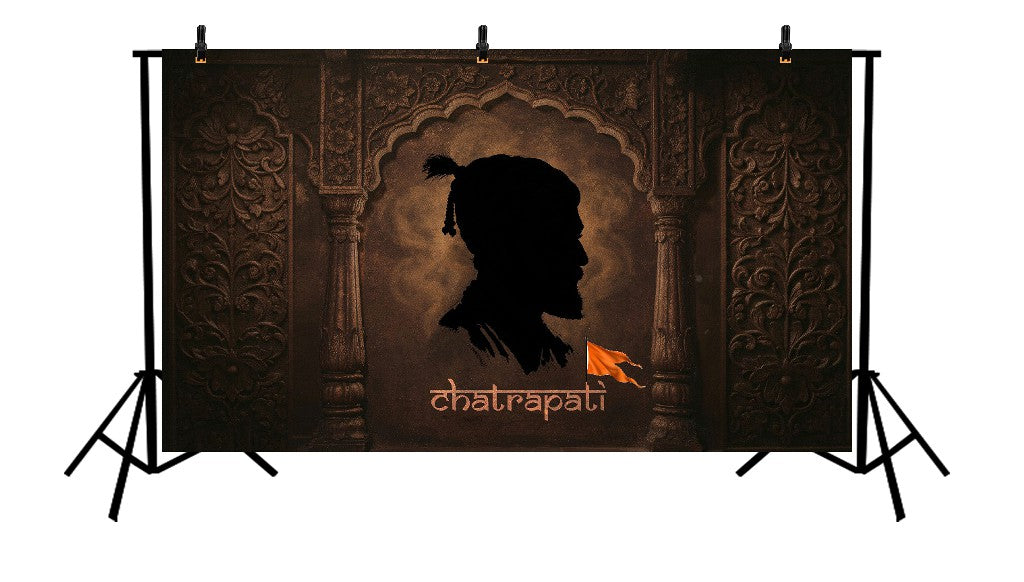 MAJESTIC MARATHA HERITAGE BACKDROP WITH CHHATRAPATI SILHOUETTE, SAFFRON FLAG, AND CARVED ARCHWAY - PRINTED BACKDROP