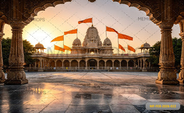 MAJESTIC HINDU TEMPLE COMPLEX AT SUNRISE WITH SAFFRON FLAGS AND ORNATE STONE ARCHWAY - PRINTED BACKDROP