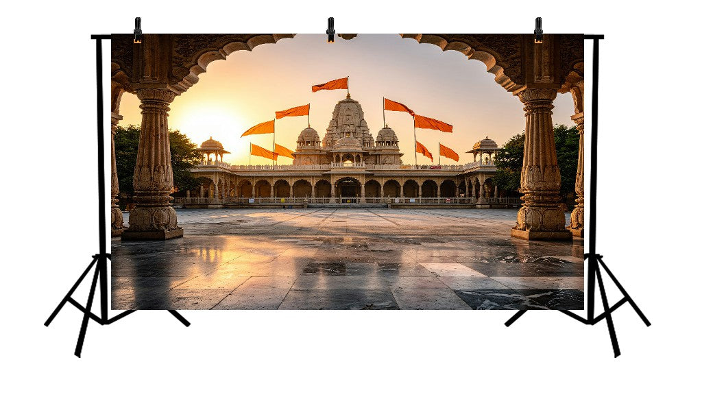 MAJESTIC HINDU TEMPLE COMPLEX AT SUNRISE WITH SAFFRON FLAGS AND ORNATE STONE ARCHWAY - PRINTED BACKDROP