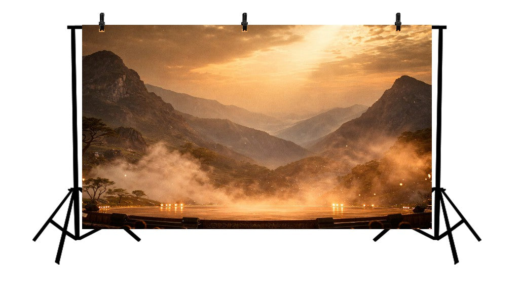 MAJESTIC MOUNTAIN VALLEY AT SUNRISE WITH DRAMATIC MIST, GLOWING STAGE, AND GOLDEN LIGHT - PRINTED BACKDROP