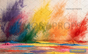 VIBRANT RAINBOW HOLI POWDER EXPLOSION WITH DRAMATIC PAINT SPLATTERS AND MULTICOLOR GULAL - PRINTED BACKDROP