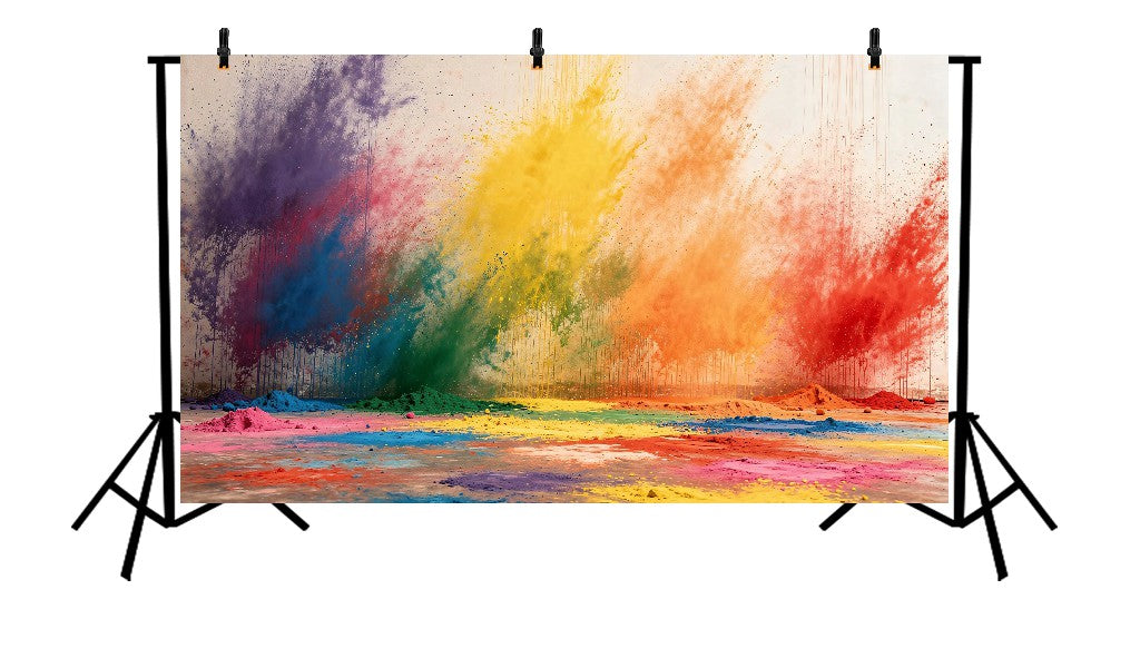 VIBRANT RAINBOW HOLI POWDER EXPLOSION WITH DRAMATIC PAINT SPLATTERS AND MULTICOLOR GULAL - PRINTED BACKDROP