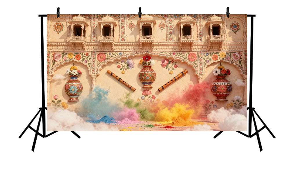 VIBRANT HOLI PALACE BACKDROP WITH FLORAL FRESCOES, CERAMIC VASES, AND TRADITIONAL FLUTES - PRINTED BACKDROP