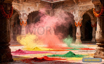 VIBRANT HOLI PALACE COURTYARD WITH MULTICOLOR POWDER EXPLOSIONS AND MARIGOLD GARLANDS - PRINTED BACKDROP