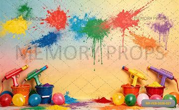 VIBRANT HOLI SQUIRT GUN STUDIO WITH COLORFUL PAINT SPLATS, BUCKETS, AND BALLOONS - PRINTED BACKDROP