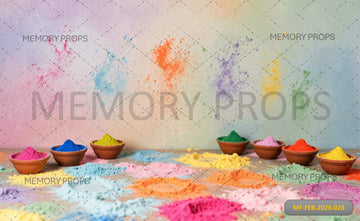 VIBRANT MINIMALIST HOLI STUDIO WITH GULAL BOWLS AND PASTEL POWDER SMUDGES - PRINTED BACKDROP