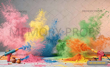 VIBRANT HOLI PICHKARI BLAST WITH DRAMATIC MULTICOLOR POWDER CLOUDS AND GULAL HEAPS - PRINTED BACKDROP