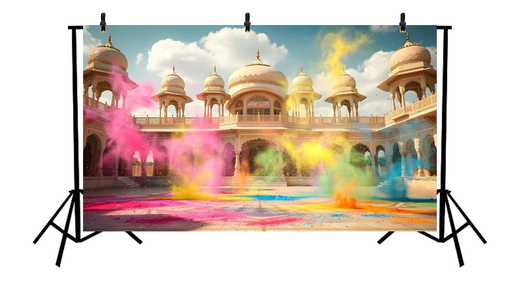 VIBRANT HOLI CELEBRATION AT LUXURY RAJASTHANI PALACE COURTYARD - PRINTED BACKDROP
