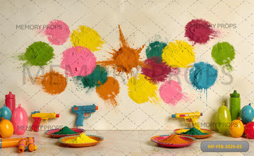 VIBRANT HOLI COLOR SPLASH SET WITH PICHKARIS, BALLOONS, AND POWDER PLATES - PRINTED BACKDROP
