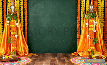 VIBRANT GUDI PADWA FESTIVAL SET WITH TRADITIONAL GUDI, MARIGOLD GARLANDS, AND RANGOLI - PRINTED BACKDROP