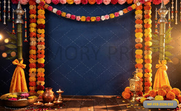 VIBRANT GUDI PADWA FESTIVAL STAGE WITH BLUE MATTE WALL, MARIGOLD GARLANDS, AND RADIANT DIYAS - PRINTED BACKDROP
