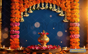 VIBRANT FESTIVE STAGE WITH ORNATE BRASS KALASH, MARIGOLD ARCH, AND GLOWING DIYAS - PRINTED BACKDROP