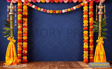 VIBRANT GUDI PADWA FESTIVAL STAGE WITH BLUE MATTE WALL, LUSH MARIGOLD GARLANDS, AND SYMMETRICAL GUDIS - PRINTED BACKDROP