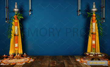 ELEGANT GUDI PADWA FESTIVAL STUDIO WITH TEAL WALL, TRADITIONAL GUDI POLES, AND RANGOLI ART - PRINTED BACKDROP