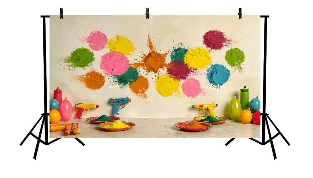 VIBRANT HOLI COLOR SPLASH SET WITH PICHKARIS, BALLOONS, AND POWDER PLATES - PRINTED BACKDROP