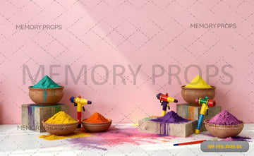 MINIMALIST HOLI FESTIVAL SET WITH COLORFUL POWDER BOWLS, PICHKARIS, AND PINK WALL - PRINTED BACKDROP