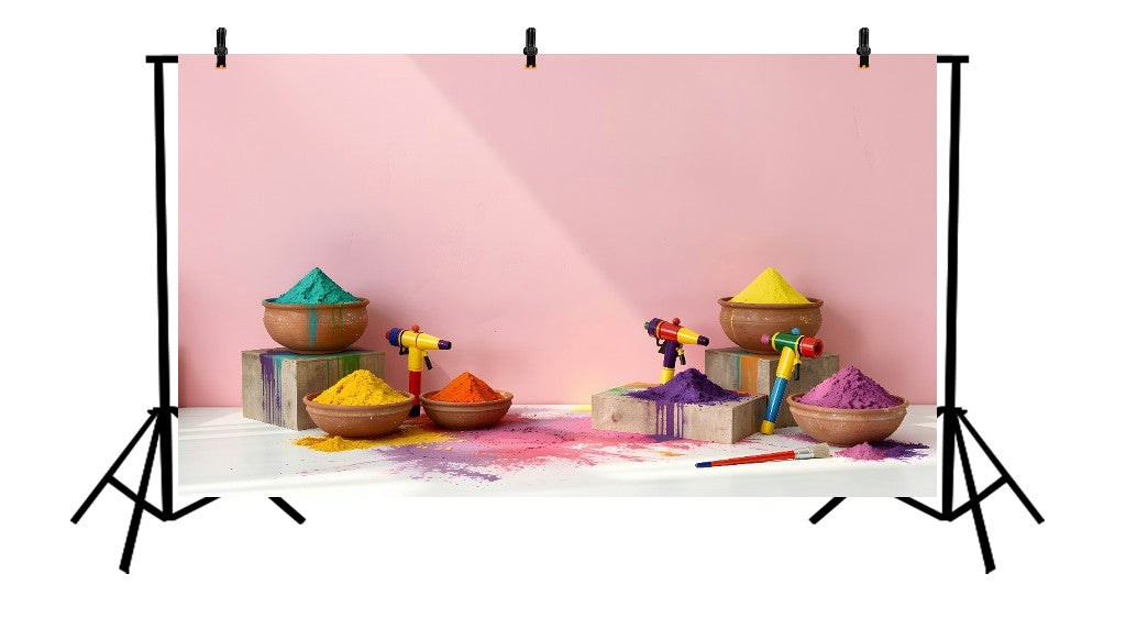 MINIMALIST HOLI FESTIVAL SET WITH COLORFUL POWDER BOWLS, PICHKARIS, AND PINK WALL - PRINTED BACKDROP