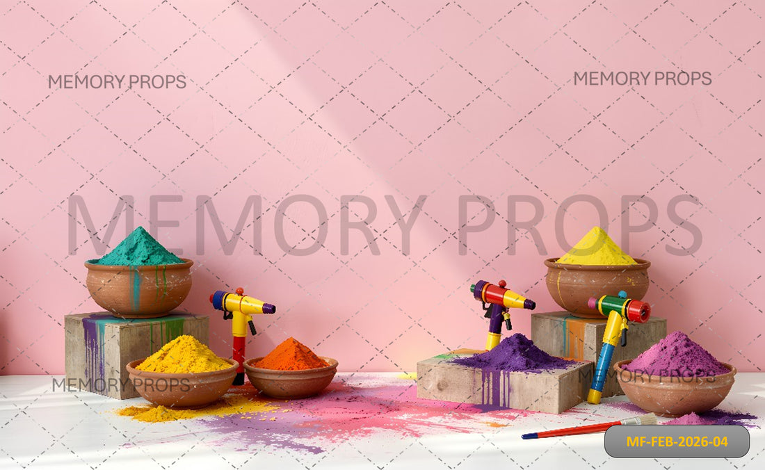 MINIMALIST HOLI FESTIVAL SET WITH COLORFUL POWDER BOWLS, PICHKARIS, AND PINK WALL - PRINTED BACKDROP