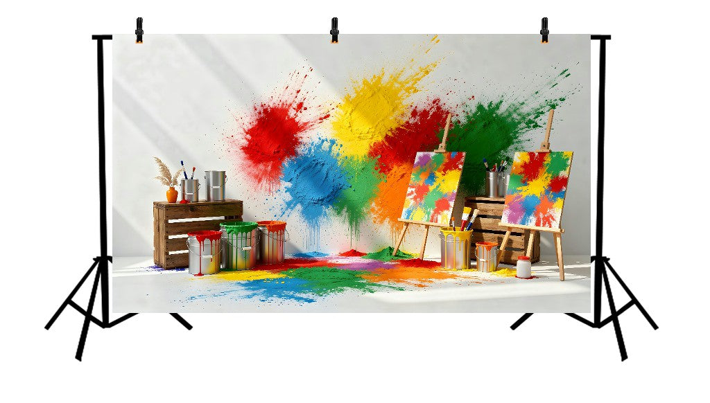ARTISTIC HOLI PAINT STUDIO WITH EXPLOSIVE COLOR SPLASHES, EASELS, AND DRIPPING PAINT CANS - PRINTED BACKDROP