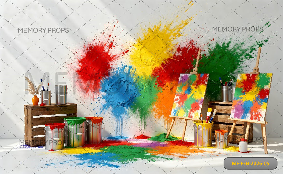 ARTISTIC HOLI PAINT STUDIO WITH EXPLOSIVE COLOR SPLASHES, EASELS, AND DRIPPING PAINT CANS - PRINTED BACKDROP