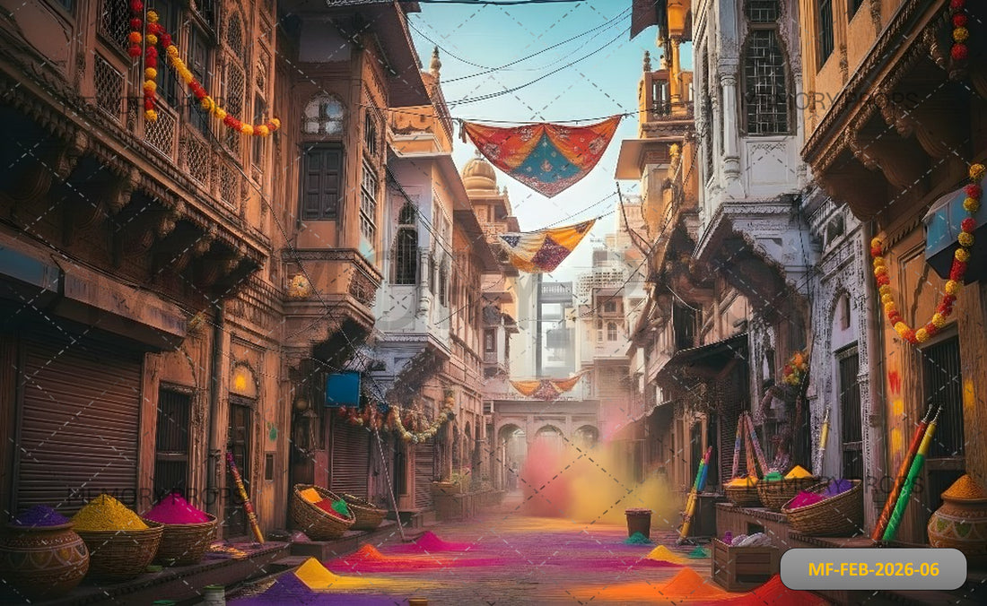 VIBRANT HOLI STREET CELEBRATION IN ANCIENT INDIAN TOWN WITH COLORFUL GULAL AND FESTIVE DECORATIONS - PRINTED BACKDROP