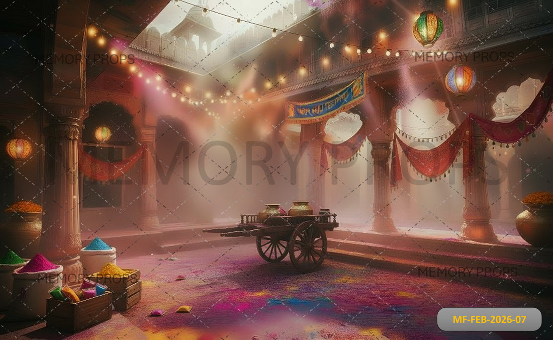 DRAMATIC HOLI FESTIVAL PALACE COURTYARD WITH ILLUMINATED LANTERNS, COLOR POWDER SACKS, AND VINTAGE CART - PRINTED BACKDROP