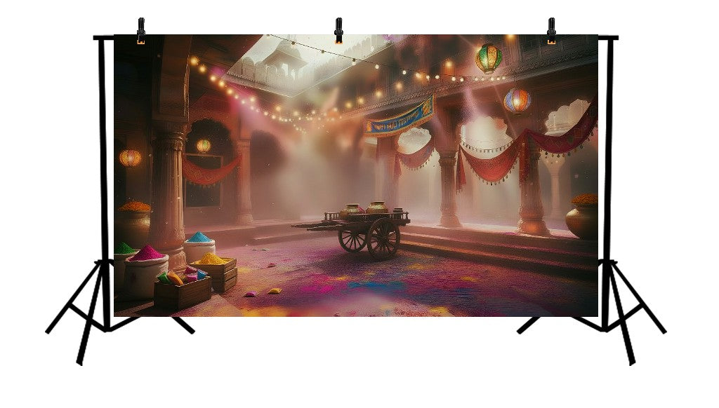 VIBRANT HOLI STREET CELEBRATION IN ANCIENT INDIAN TOWN WITH COLORFUL GULAL AND FESTIVE DECORATIONS - PRINTED BACKDROP