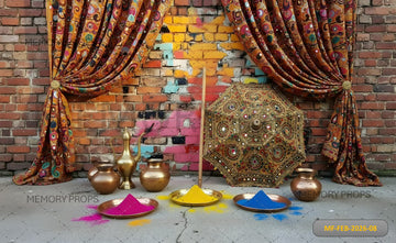TRADITIONAL INDIAN HOLI SETUP WITH EMBROIDERED CURTAINS, ORNATE UMBRELLA, AND BRASS POTS - PRINTED BACKDROP