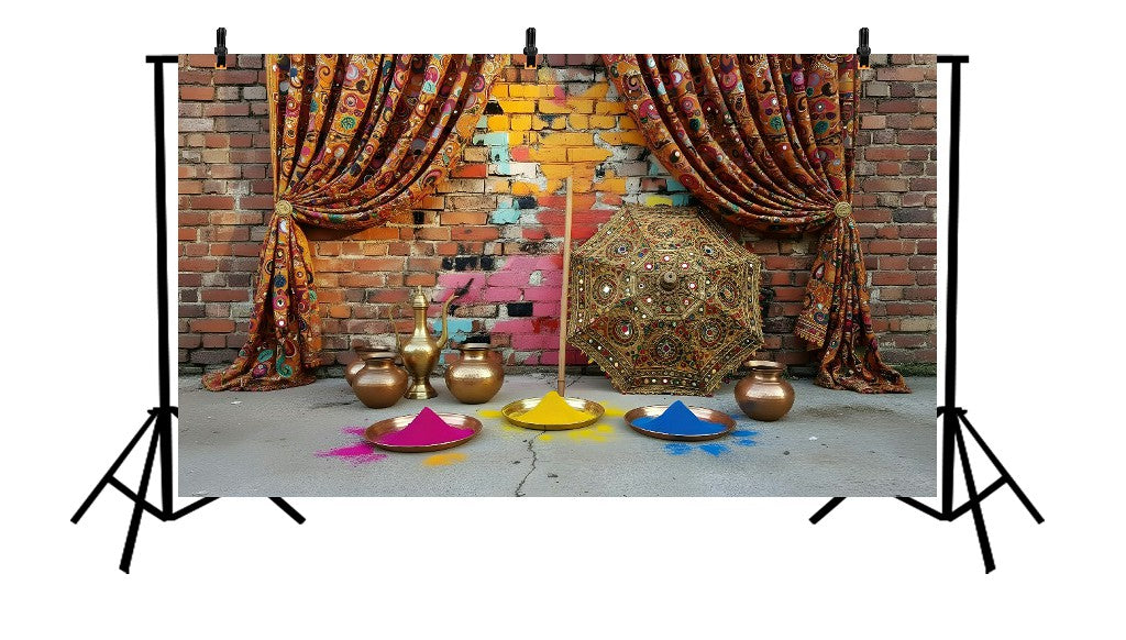 TRADITIONAL INDIAN HOLI SETUP WITH EMBROIDERED CURTAINS, ORNATE UMBRELLA, AND BRASS POTS - PRINTED BACKDROP