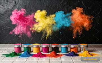 DRAMATIC HOLI POWDER EXPLOSION WITH COLORFUL GULAL JARS AND BLACK TEXTURED WALL - PRINTED BACKDROP