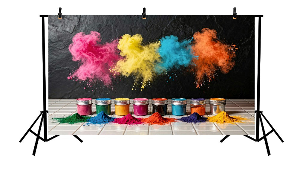DRAMATIC HOLI POWDER EXPLOSION WITH COLORFUL GULAL JARS AND BLACK TEXTURED WALL - PRINTED BACKDROP