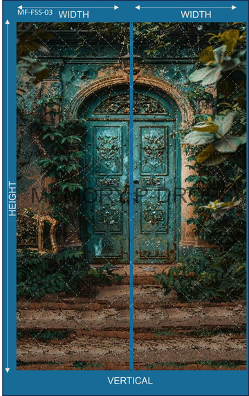 A GREEN DOOR WITH A LEAF ON THE OUTSIDE VERTICAL JOINT BACKDROPS