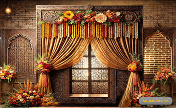 INDIAN WEDDING DECOR WITH YELLOW AND ORANGE FLOWERS + PRINTED BACKDROPS