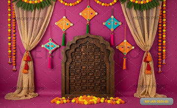 MAGENTA KITE FESTIVAL THEME WITH ORNATE WOODEN DOOR - PRINTED BACKDROP