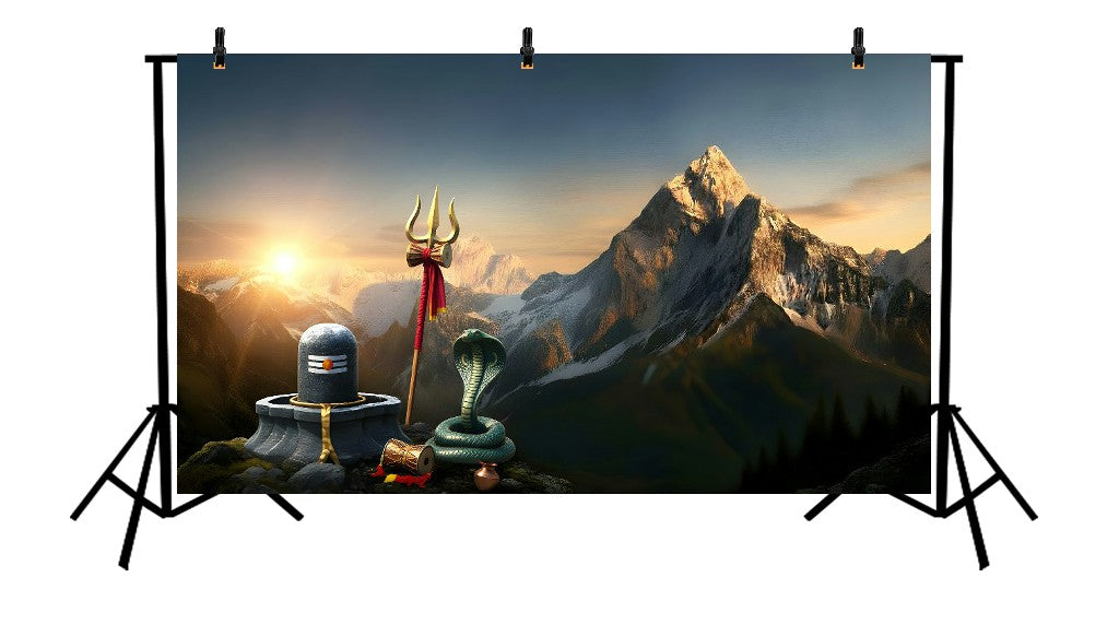 SACRED SHIVA LINGA AND COBRA AMIDST HIMALAYAN PEAKS - PRINTED BACKDROP