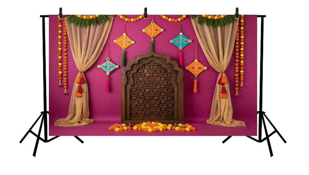 MAGENTA KITE FESTIVAL THEME WITH ORNATE WOODEN DOOR - PRINTED BACKDROP