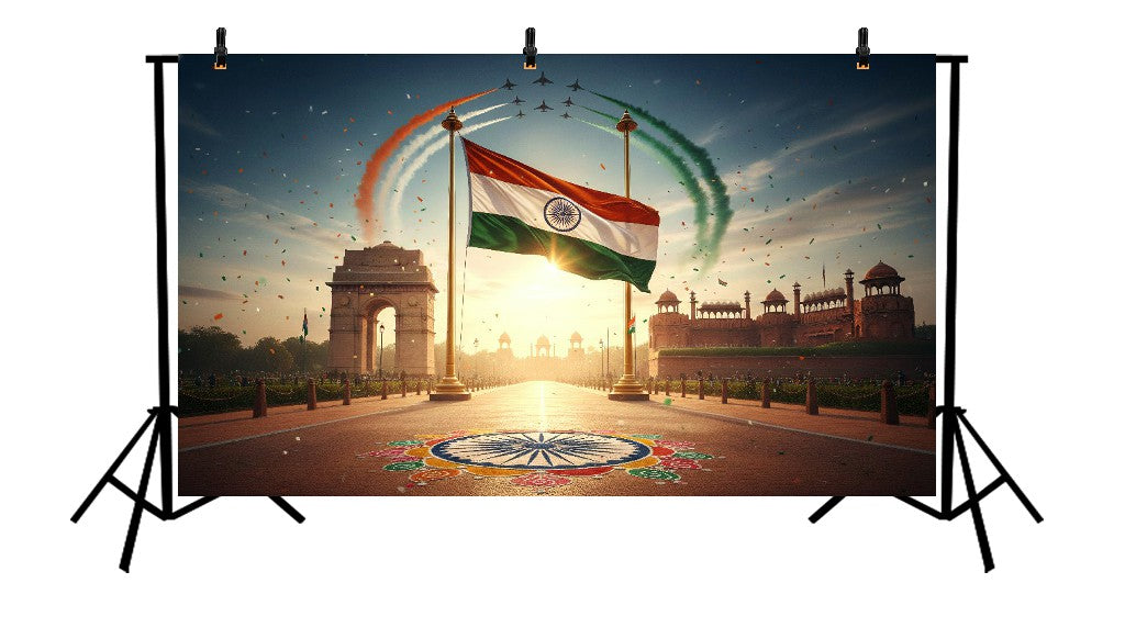 PATRIOTIC INDIAN MONUMENTS WITH TRICOLOR JET TRAILS - PRINTED BACKDROP