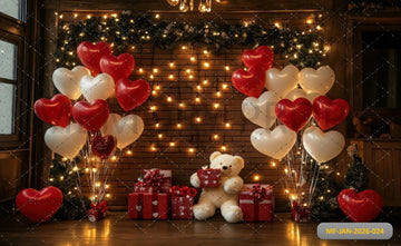 COZY VALENTINE BRICK WALL WITH HEART BALLOONS - PRINTED BACKDROP