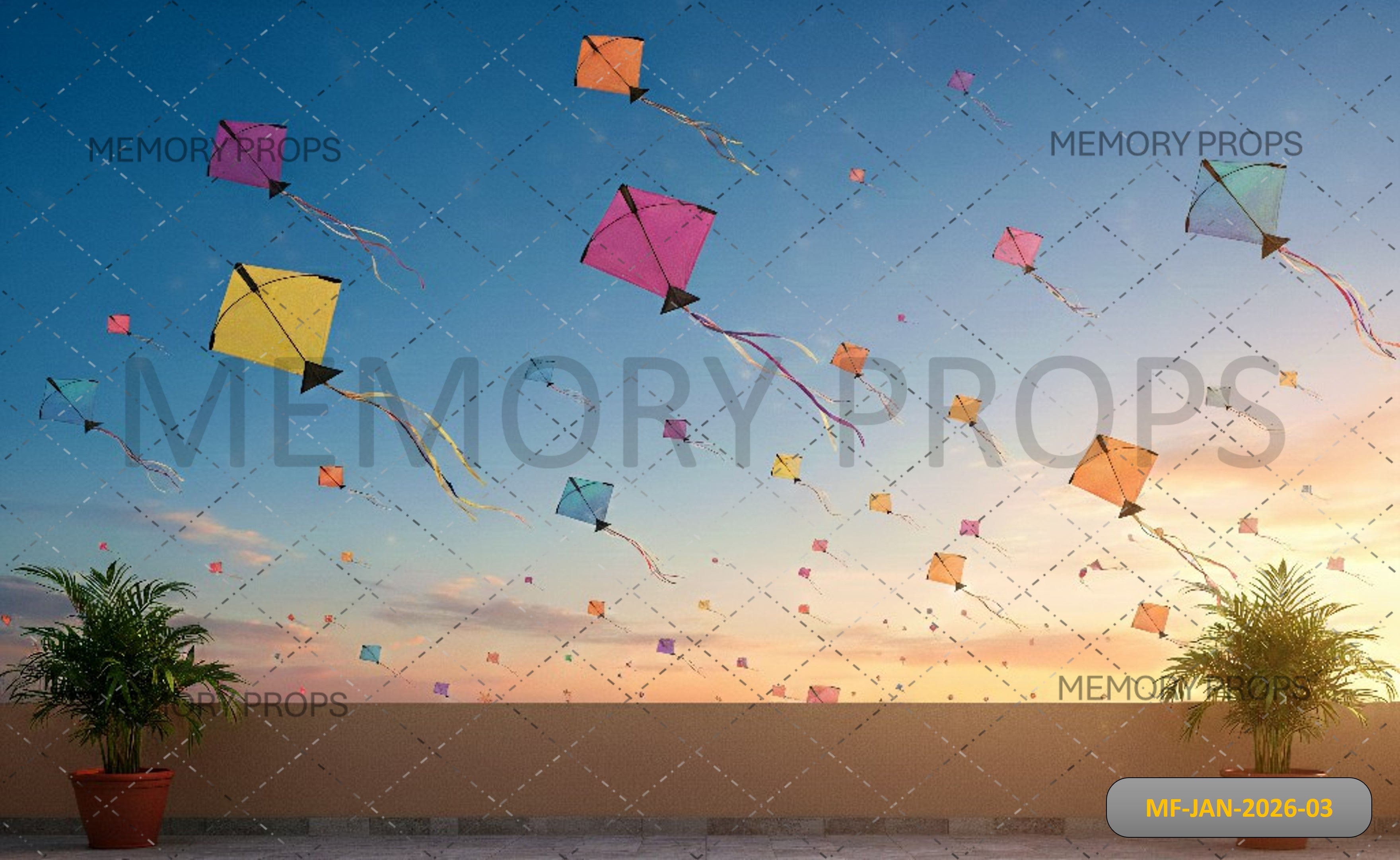 sunset Kite Flying Over Terrace Printed Backdrop