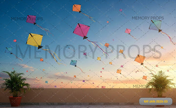 SUNSET KITE FLYING SCENE OVER TERRACE - PRINTED BACKDROP