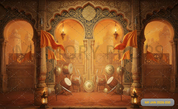 GRAND HISTORICAL PALACE COURTYARD WITH SAFFRON FLAGS - PRINTED BACKDROP