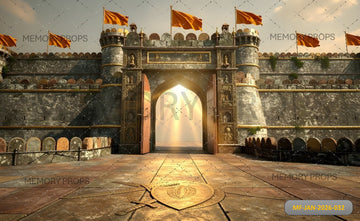 GRAND FORTRESS ENTRANCE WITH ORANGE GOLDEN GATE, SAFFRON FLAGS - PRINTED BACKDROP