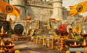 FESTIVE HISTORICAL FORTRESS COURTYARD WITH MARIGOLD GARLANDS -