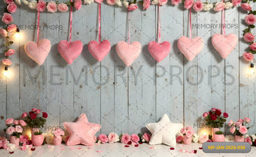 RUSTIC BLUE WOODEN WALL WITH HANGING PLUSH HEARTS AND PINK ROSE GARLANDS PRINTED BACKDROP