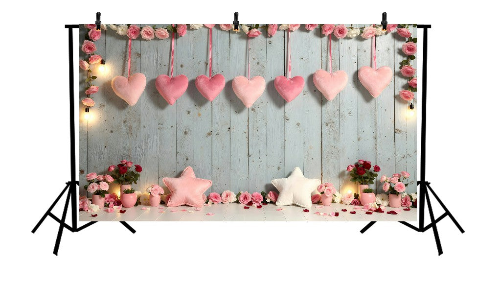 RUSTIC BLUE WOODEN WALL WITH HANGING PLUSH HEARTS AND PINK ROSE GARLANDS PRINTED BACKDROP