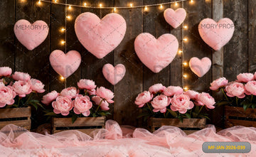 RUSTIC DARK WOODEN WALL WITH LARGE PLUSH PINK HEARTS, WARM FAIRY LIGHTS, AND PINK PEONIES IN CRATES PRINTED BACKDROP