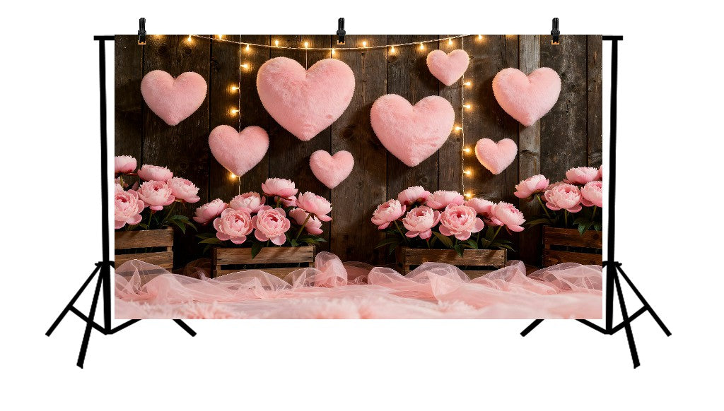 RUSTIC DARK WOODEN WALL WITH LARGE PLUSH PINK HEARTS, WARM FAIRY LIGHTS, AND PINK PEONIES IN CRATES PRINTED BACKDROP