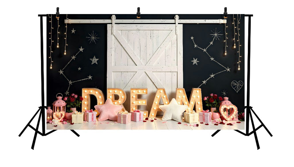 CELESTIAL DREAM THEMED SET WITH WHITE BARN DOOR, LIGHT-UP MARQUEE LETTERS, AND CONSTELLATION WALL PRINTED BACKDROP