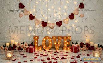 ROMANTIC VALENTINE WHITE BRICK WALL WITH MARQUEE LOVE LETTERS, HEART GARLANDS, AND ROSE PETALS - PRINTED BACKDROP